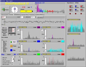 [Zobrazenie meraných veličín pomocou EEG prístroja. Merania pomocou EEG Biofeedback: - u každého meraného sú ukladané výsledky do súboru - údaje; - 6 podprogramov v niekoľkých modifikáciách, na ktorých sa vykonáva meranie; - SMR/theta, beta/theta alpha/theta merania.]
