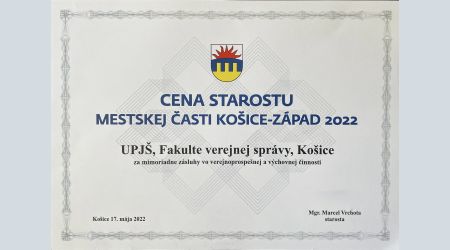Cena starostu mestskej časti Košice-Západ pre kolektív Fakulty verejnej správy